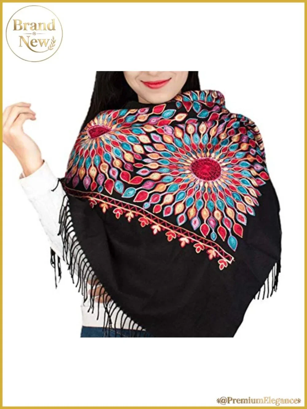 Embroidered Floral Scarf with Tassel Fringe Lightweight Wrap